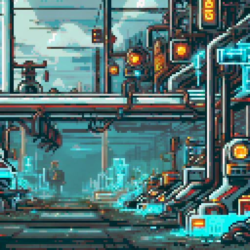 Run-down, apocalyptic atmosphere with dilapidated machinery and sparks flying in a pixel art, sRGB, background landscape of a Futuristic robot factory Towering metal structures and cracked concrete floors create an eerie ambiance, illuminated by flickering neon lights Rusty conveyor belts and broken windows reveal shattered glass, while discarded robot parts lie among overgrown vines Eerie shadows dance across abandoned control panels, with parallax effects adding depth to the scene