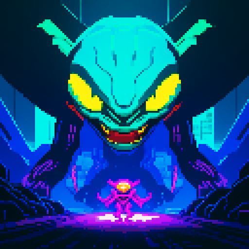 Monster, Alien, vibrant colors, retro video game, pixelated, futuristic technology, glowing eyes, sharp claws, otherworldly landscape, neon lights, 8-bit aesthetic, menacing presence, distorted shapes, explosive energy, dramatic shadows, immersive environment