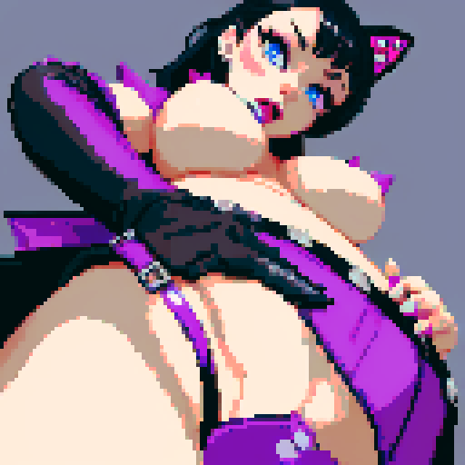 curvy, cute goth cat girl, black hair, purple eyeshadow, red lipstick, studded leather, upskirt, nude glamour shot, vibrant sRGB colors, pixel art