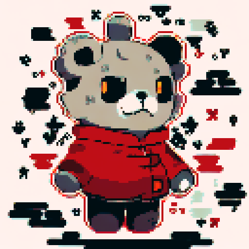 This pixel art image is dominated by a cute bear with an interesting look. Cute stars are painted on his muzzle, which is a mosaic of sharp contrasts and intricate patterns. The whole scene is reminiscent of the retro anime Ergo Proxy. The scene radiates a mysterious night atmosphere, with the bear standing close to the camera as the main character. He is covered with an interesting garment and stars