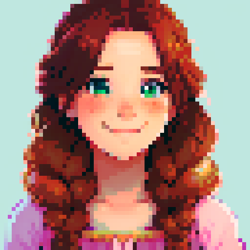 stardew valley-inspired, woman, pixel art, sRGB, vibrant colors, rustic backdrop,  braided hair, glowing skin,  gentle smile, freckles, rosy cheeks