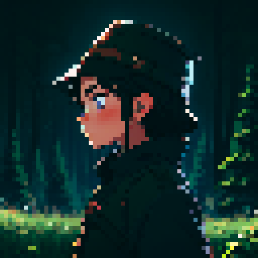 Dark night time in the forest background, Dark background, profile picture, young girl, rounded face, no emotion face, blue eyes, short black hair, brown coat, brown hat, small chest