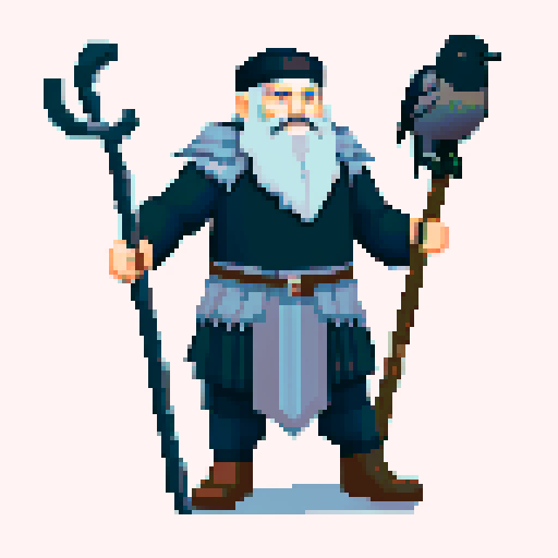 old raven-like druid with grey beard, with staff in hand