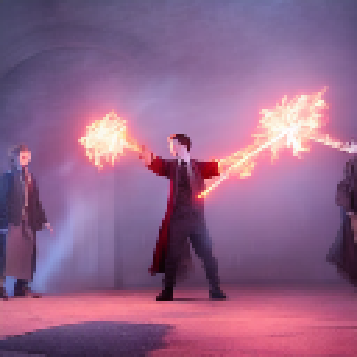 Wizarding duel between Harry and Voldemort, casting spells in a dark and eerie Hogwarts courtyard with glowing wands, fiery explosions, and swirling magical energy.
