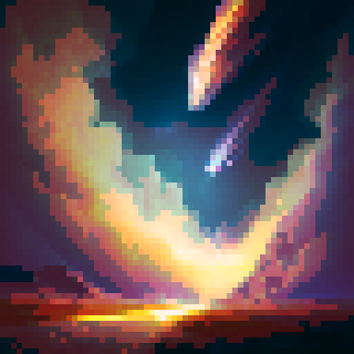 Fiery meteorite hurtling through the starry sky, leaving a trail of sparks and smoke, crashes into the vast, green wilderness of Earth, causing a colossal explosion that shatters the tranquil landscape and sends shockwaves rippling through the air, all depicted in a vibrant, hyper-realistic style.