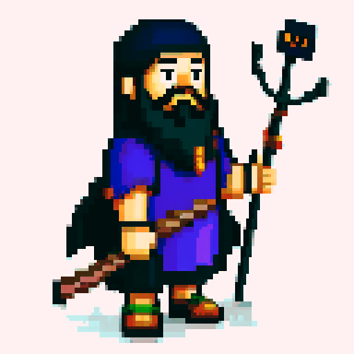raven-like druid with beard, staff in hand