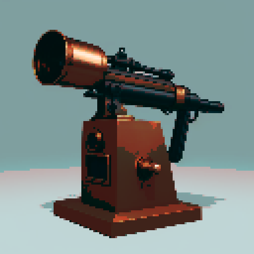 I want a copper rotary machine gun viewed from from the side. I want this object usable an asset in a videogame, meaning only one object per image, outlined with a strong black stroke, on a solid-color background.