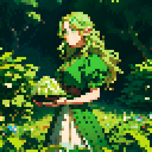 Renaissance era farmer with emerald green eyes, flowing golden hair, and rough hands, encased in shimmering crystalline vines, in a pixel art style with rich sRGB colors