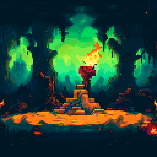 Cave with dark stalagmites on the top and bottom and a central shrine area flanked by torches with a platform in the center. Below the platform in the center of the piece is a pile of treasure and piles of golden coins and loot.
