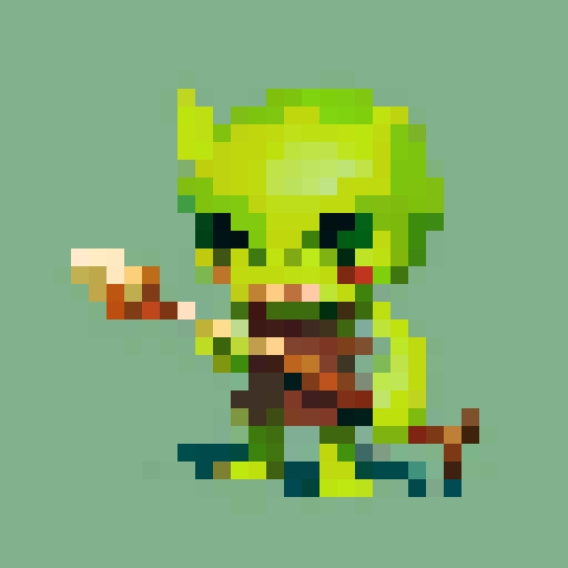 A small, green-skinned humanoid creature with pointy ears, sharp teeth, and a crude wooden club. It wears ragged clothes and has a mischievous expression on its face.
