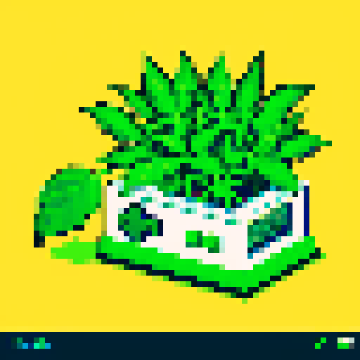 weed in a transparent bag, vibrant green leaves, crisp edges, retro video game aesthetic, blocky pixels, 8-bit art style, bold colors, limited color palette, high contrast, clean lines, digital graphics, nostalgic vibes
