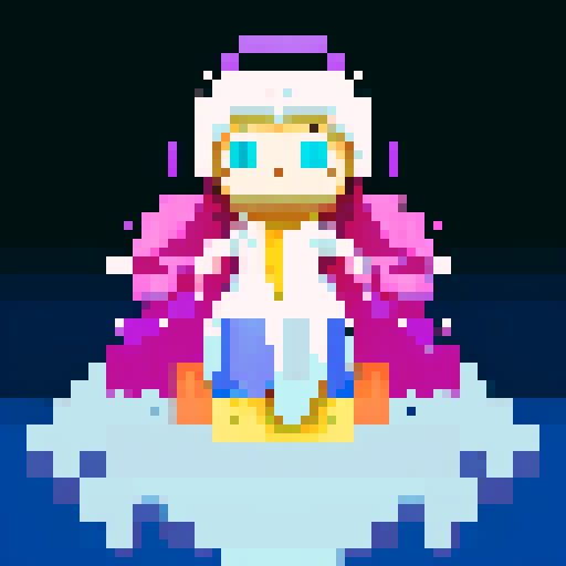 
Beautiful, ethereal angel with shimmering wings and flowing, liquid-like chrome body, rendered in minimalist pixel art with vibrant, dazzling sRGB colors