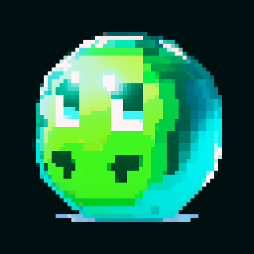 A sparkling, semi-transparent slime with a crystalline structure. It has shimmering facets, bright eyes, and a cheerful smile, with light reflecting inside. No background.
