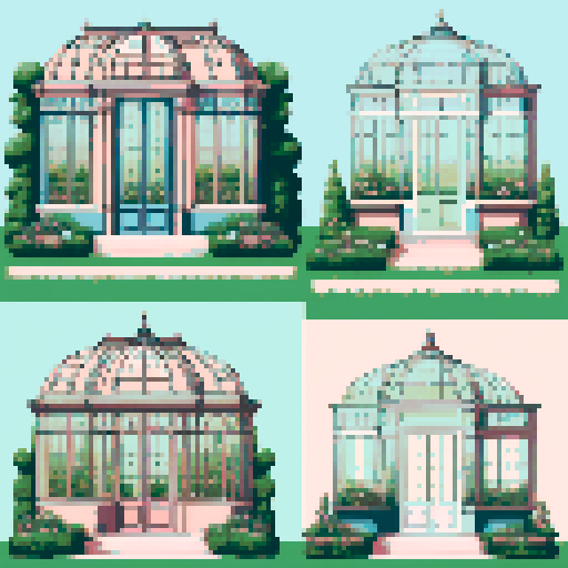 Grid of 4 illustrations of Victorian conservatories in pretty gardens
