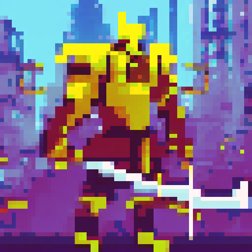 Golden knight, clad in futuristic armor, dashes through a bustling neon city, his glowing sword slicing through the air and leaving a trail of pixelated debris in his wake, all rendered in stunning pixel art and centered in frame.