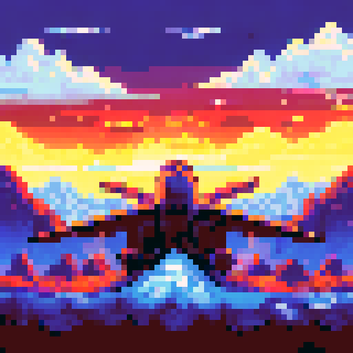 Smoking wreckage of a small plane, broken wings jutting out of the snow-covered tundra, with a serene mountainous landscape in the background, all depicted in pixel art with a cool sRGB color palette