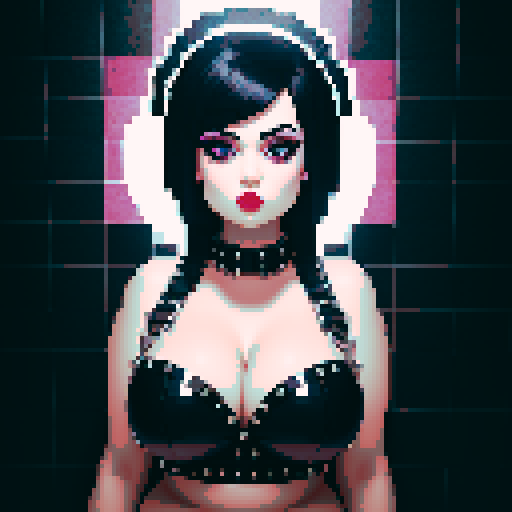 curvy, busty goth babe with studded collar, wearing halter top, in a full face portrait with a glamour shot aesthetic, against a  moody tile backsplash, capturing an edgy pixel art style in sRGB