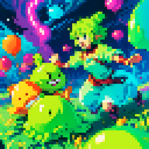slime, vibrant colors, pixelated heroes, bouncing between people, sRGB, art style