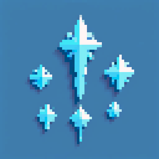 skill icon freezing/cold, icy blue tones, sharp edges, frosty texture, shimmering icicles, snowflakes floating, pixelated snow particles, minimalist design, sRGB color palette
