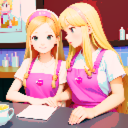 A girl with long blonde hair wearing a pink apron and a friend with short brown hair sitting in front of each other at a table in a nail salon. 
