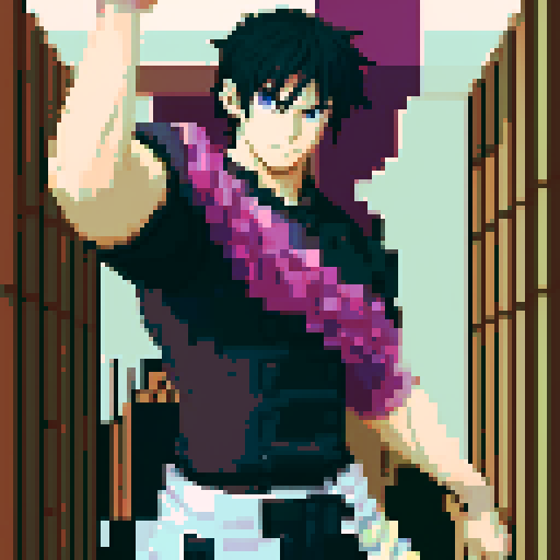 Anime Male, Dashing Right, vibrant colors, intricate details, bold lines, smooth shading, singular pixel art portrait, sRGB, top quality, Masterpiece, pixel art, Weapon in hand, Monster Attached to body