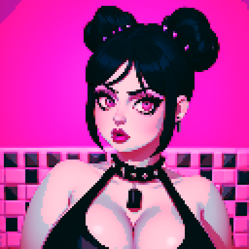 curvy, busty goth babe with studded collar. Hair in buns. 
 Nude big titty goth, in a close up nude glamour shot. Wearing Halter top. Neon lighting, modern tile backsplash.
