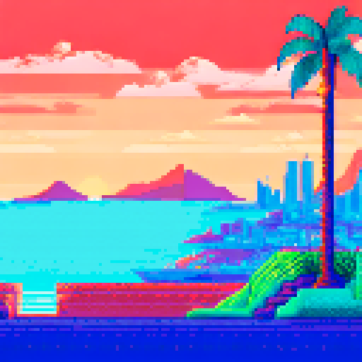 Monaco skyline at sunset, towering palm trees, sparkling ocean, grandstands filled with spectators cheering on their favorite racer, all depicted in retro pixel art style with a muted sRGB color palette