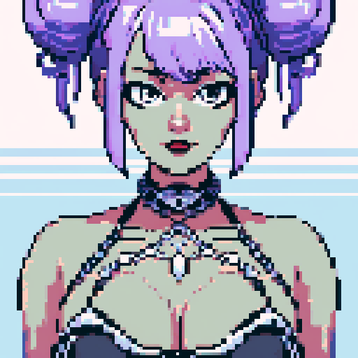 curvy, seductive busty goth babe with studded collar, hair in buns, aroused nude big titty goth in a close-up nude glamour shot, wearing halter top, against a modern tile backsplash, pixel art, sRGB
