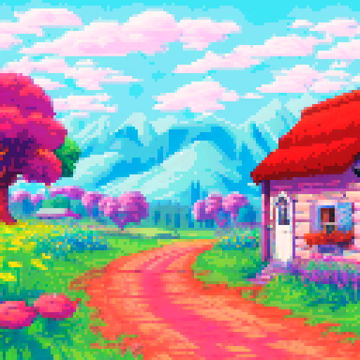 cute, colorful cottage nestled amidst a vibrant field of wildflowers, pixelated in sRGB, showcasing a picturesque landscape with a charming background