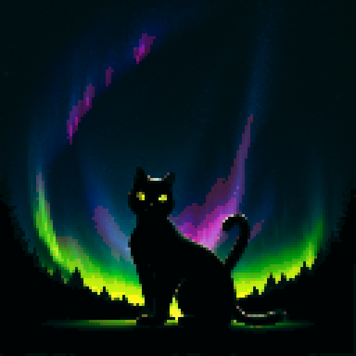 hyperrealistic silhouette of a black cat, galaxies and stars covering the night sky, aurora borealis, pixel art, sRGB