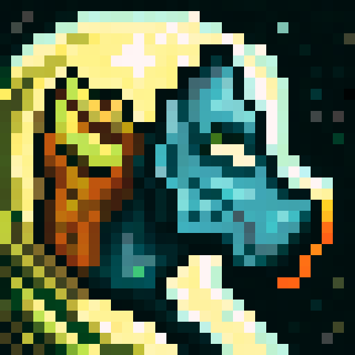 This pixel art image is dominated by a cute bear with an interesting look. Cute stars are painted on his muzzle, which is a mosaic of sharp contrasts and intricate patterns. The whole scene is reminiscent of the retro anime Ergo Proxy. The scene radiates a mysterious night atmosphere, with the bear standing close to the camera as the main character. He is covered with an interesting garment and stars