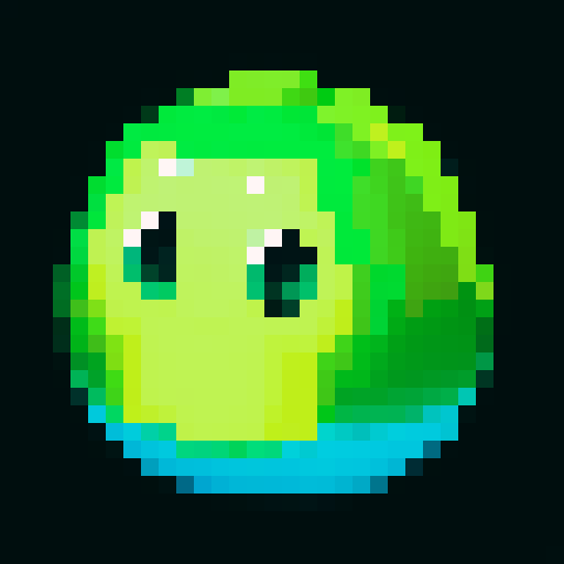 A larger, more formidable amorphous blob with a thicker, more opaque green body. It has bigger eyes and a wider smile, with more bubbles inside. No background.
