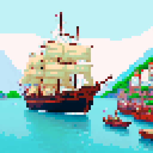 workers, bustling, loading, sailing ship, busy harbour, 16th century, pixel art, sRGB