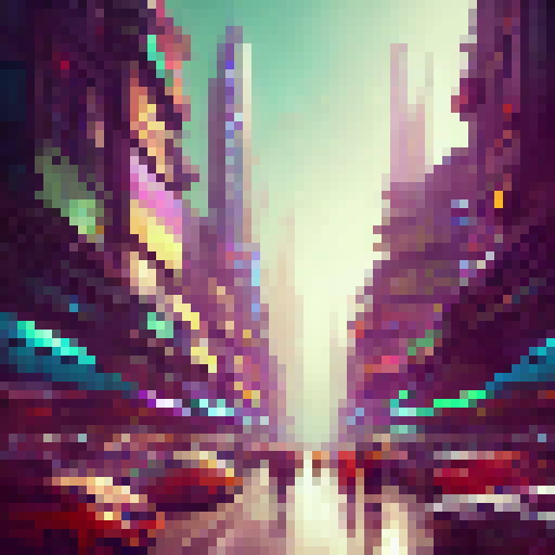 Vibrant, modern, and sleek. A neon-lit cityscape with skyscrapers towering over a bustling street market full of colorful stalls selling everything from fresh produce to high-tech gadgets.