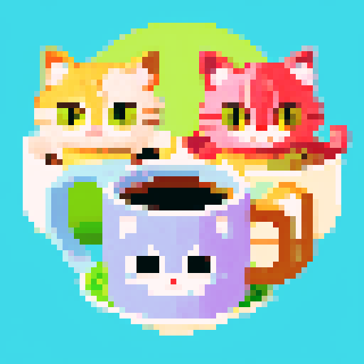 Pixelated cats with vibrant fur and expressive eyes, surrounded by steaming mugs of coffee and whimsical pastel-colored furniture
