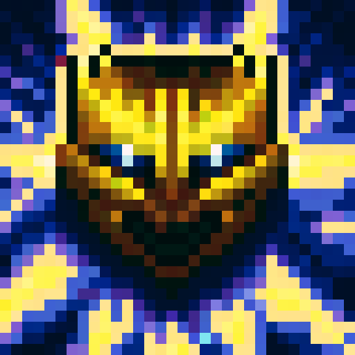 Glowing eyes, jagged teeth, fiery background, menacing horns, and intricate armor for a FINAL BOSS game icon in skillful 32x32 pixel art with a close-up, portrait-style.