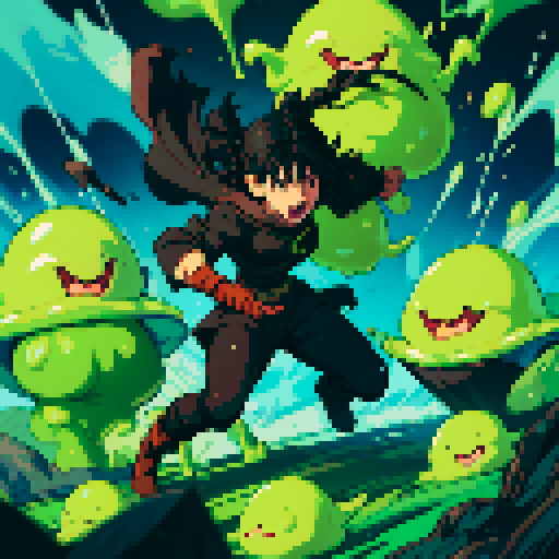 slime surging up around someone, slime engulfing a hero, slime consuming a hero, hero getting engulfed by slime, slime attack, dynamic, slime slamming into someone, impact, splashing slime, full-body image, full-body art, black hair, brown outfit