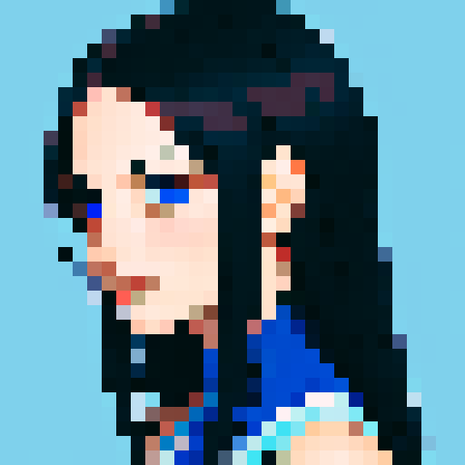 face forward, western style, only blue colors, portrait avatar, woman with shoulder length dark hair, looking at the camera, close up