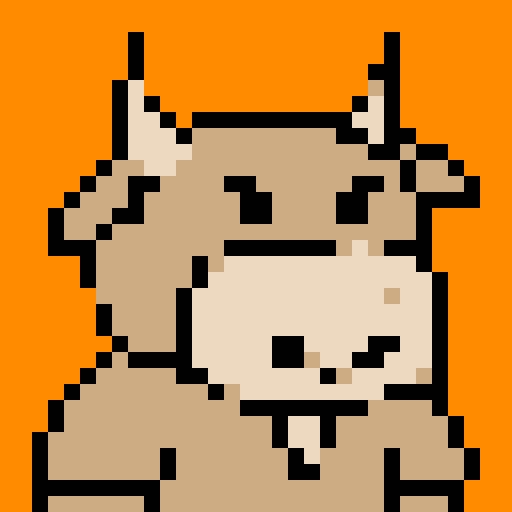 A pixel art portrait of a bull with a neutral expression, featuring a minimalist design with light skin tone, solid colors, Set against a solid orange background. The style is reminiscent of early video game characters, with a square aspect ratio.
