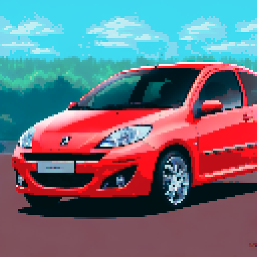 Photorealistic whole Peugeot 206, three-quarter view, right front wheel, clean background, sRGB colors, pixel art style
