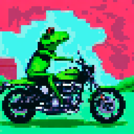 Green punk frog cruising on Harley Davidson bike through sRGB pixelated landscape with neon graffiti background