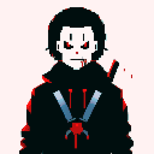 Michael Myers, dark silhouette, looming presence, blood-red eyes, pixelated horror, sRGB color palette, chilling atmosphere, knife-wielding figure