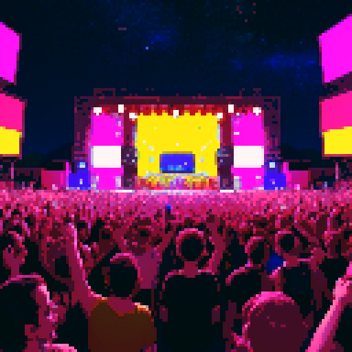 let's image you're on the rock festival within a lot of people, some of them dancing other of them raving, talking, drinking, etc. also it's happening at the night with a lot of colour lights and with a lot of stars on the sky 