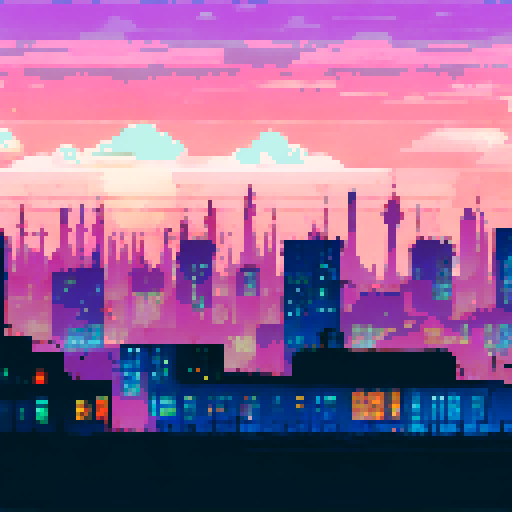 Towering smokestacks belching plumes of fire, rusted pipes snaking through abandoned warehouses, a neon skyline glowing in the distance, all set against a purple and blue pixelated sRGB background