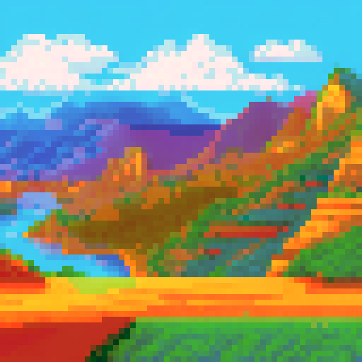 Mountains towering over a vibrant, sun-drenched Anatolian landscape, rendered in pixel art with a sRGB palette