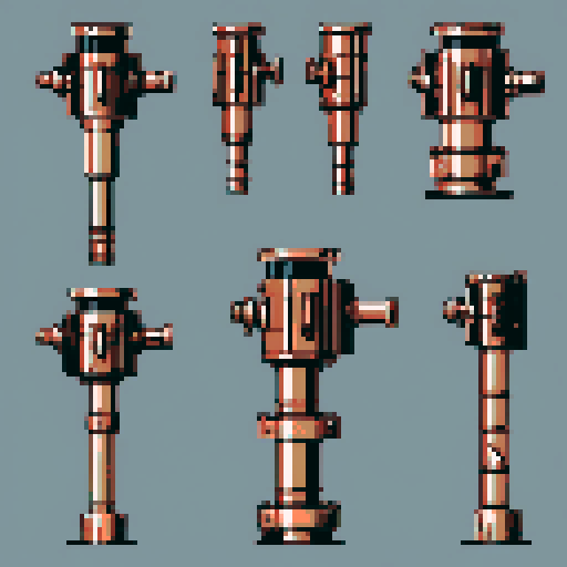 I want a tall vertical copper structure reminiscent of a minigun's barrel. It should have strange mechanical details that could interlock with each other. I also want this object usable an asset in a videogame, meaning only one object per image, outlined with a strong black stroke, on a solid-color background.