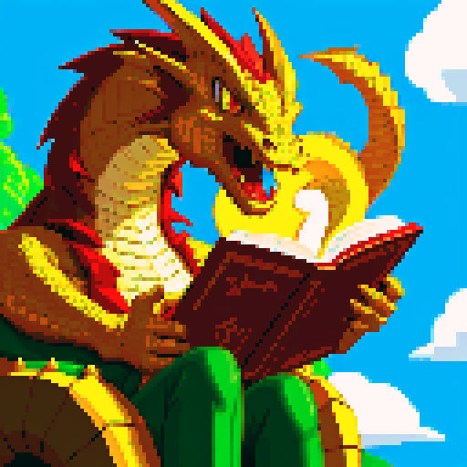 reading dragon surrounded by treasure