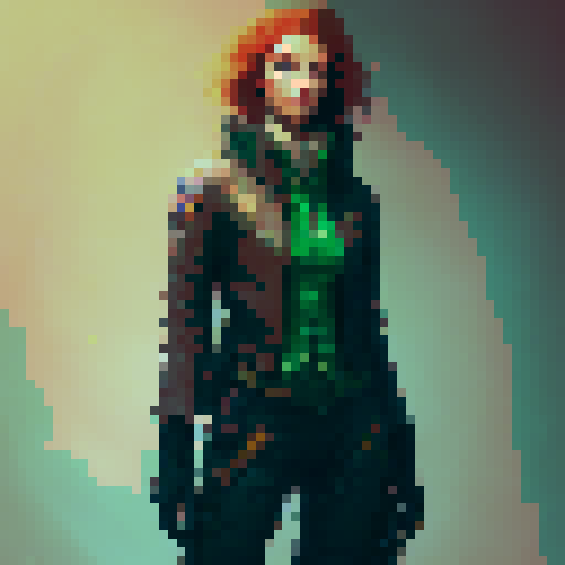 Long hair redhead female, green eyes, wearing steampunk clothes, short white skirt, leather boots