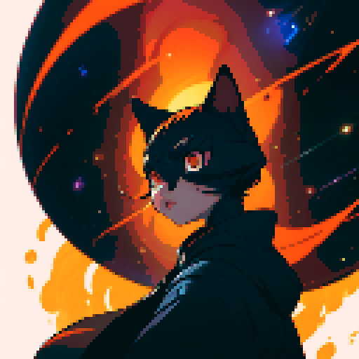 black cat with orange eyes, wandering through galaxies and space, surrounded by planets and comets