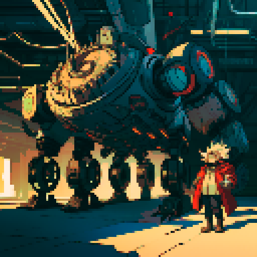 fat mad scientist, facing left, alone, full-body image, exaggerated features, pixelated details, robot workshop backdrop, machine parts, gears, sRGB color palette
